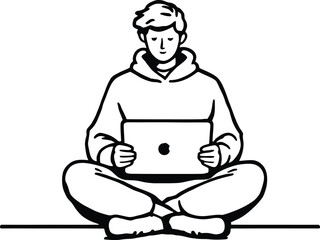 Remote Study Silhouette Vector Featuring Person in Hoodie Sitting Cross-Legged with Laptop in Casual Line Art Style