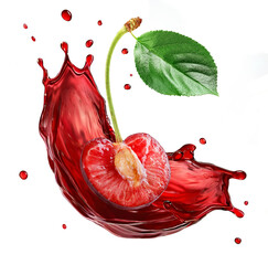 Cherries juice splash with cherry  slice retouched and isolated white background