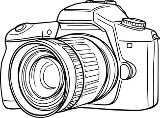 DSLR Camera Silhouette Vector Featuring Lens, Buttons, Viewfinder, Grip, and Technical Photography Details in Line Art