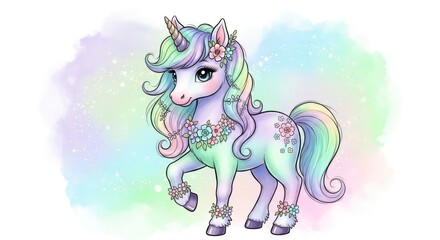 Fototapeta premium Cute Handdrawn Fantasy Unicorn with Pastel Watercolor Background Illustration Artwork