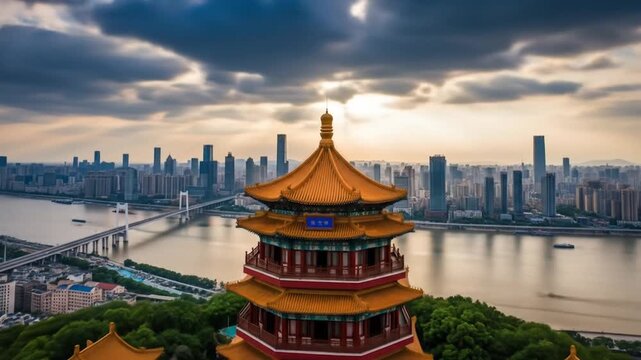 Ancient Chinese Pagoda Overlooking Modern City Skyline and River at Sunset
