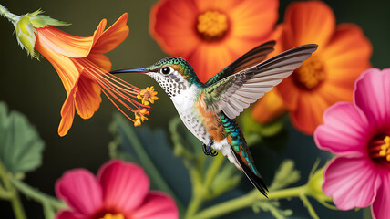 Naklejka premium Hummingbird Feeding on Orange Flower Amidst Pink and Orange Blooms flying