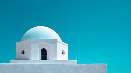 Small whitewashed building with a light blue dome stands against a brilliant turquoise sky
