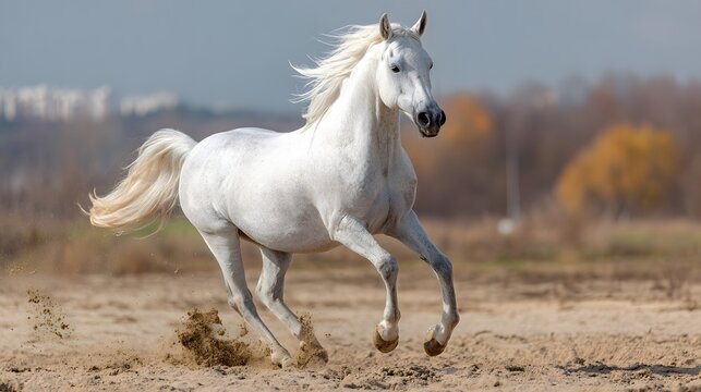 Majestic white horse galloping across an open dusty field in bright daylight - Powered by Adobe