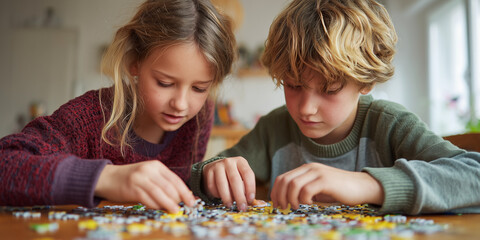 Two children working together on puzzle pieces at home