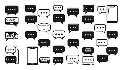 Assortment of speech bubbles, phones, and email symbols on a white backdrop