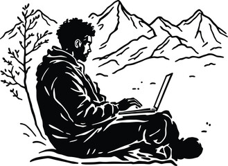 Digital Nomad Silhouette Vector Featuring Person with Laptop in Nature, Mountains, Tree, and Remote Work Scene in Line Art