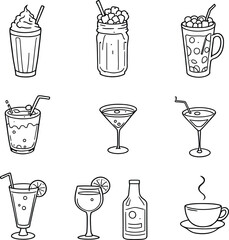 Beverage Variety Silhouette Vector Featuring Milkshakes, Cocktails, Coffee, Bubble Tea, Wine, and Mason Jar Drinks