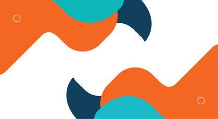 Abstract geometric background with vibrant orange, teal, and navy blue wavy fluid shapes and copy space.