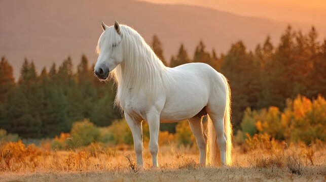 Majestic white horse stands serenely in a sunlit meadow during golden hour - Powered by Adobe