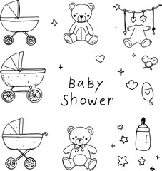 Baby Shower Silhouette Vector Featuring Carriages, Teddy Bears, Bottle, Onesie, Pacifier, Rattle, and Decorative Icons