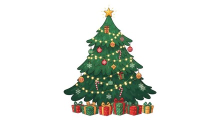 Celebrate the joy of Christmas with a beautifully decorated tree and colorful gifts, perfect for holiday cards, festive promotions, and heartwarming designs