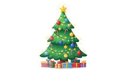 Festive Christmas tree with colorful decorations and gifts creating a joyful holiday atmosphere for cards, invitations, and seasonal projects