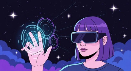 Girl exploring virtual reality world with goggles against stunning starry sky