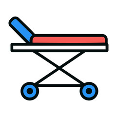 Vector illustration of a medical gurney with red padding and blue headrest in a hospital setting
