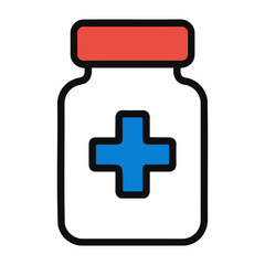 Fototapeta premium Vector illustration of a medicine bottle with a red cap and a blue cross on the container side