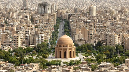 Expansive cityscape view centers on a prominent domed structure surrounded by dense urban development.