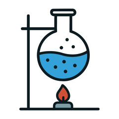 Vector illustration of a round bottom flask with blue liquid being heated by a flame source