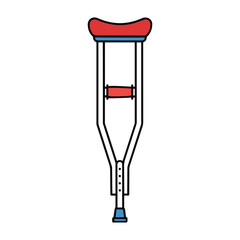 Vector illustration of a single red and blue forearm crutch with a black outline on transparent background