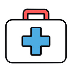 Vector illustration of a white first aid kit with a blue cross and a red handle on the top side