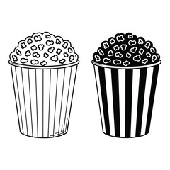 Two stripped popcorn buckets full of popcorn in black and white line art style silhouette