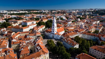 Fototapeta premium Elevated view captures dense European city center featuring historic architecture and a prominent white church steeple