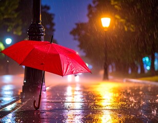 A vibrant red umbrella on a rainy night under lamplight