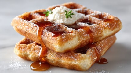 Golden Brown Stacked Waffles Topped with Whipped Cream and Drizzled with Maple Syrup and Dusted with Powdered Sugar on a Marble Surface in Studio Lighting