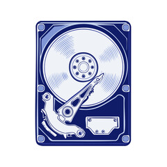 Illustration of a computer hard drive disc with internal components and details