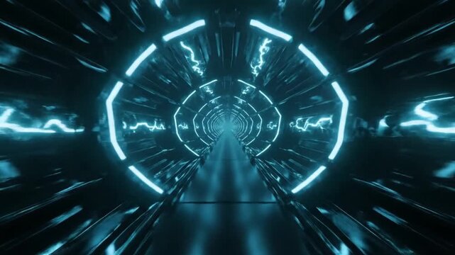 Abstract futuristic tunnel with glowing blue neon lights and lightning