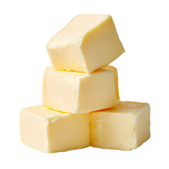 A close up view of a stack of four butter cubes isolated on transparent background