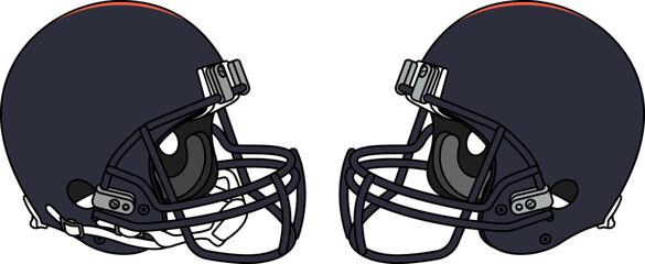 Navy blue American football helmet with a dark blue facemask. Helmets with and without a chin strap