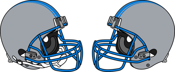Gray American football helmet with a blue facemask. Helmets with and without a chin strap