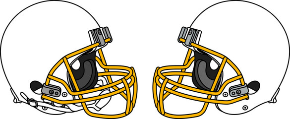 White American football helmet with a yellow facemask. Helmets with and without a chin strap