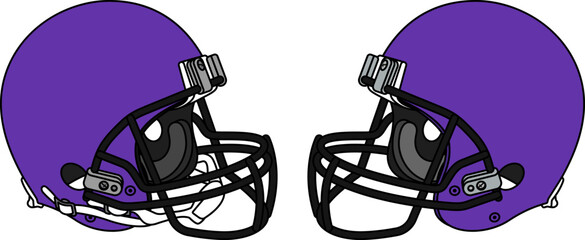 Violet American football helmet with a black facemask. Helmets with and without a chin strap