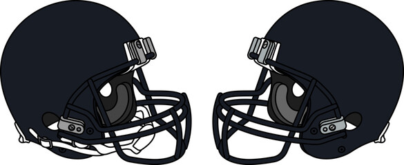 Dark blue American football helmet with a dark blue facemask. Helmets with and without a chin strap