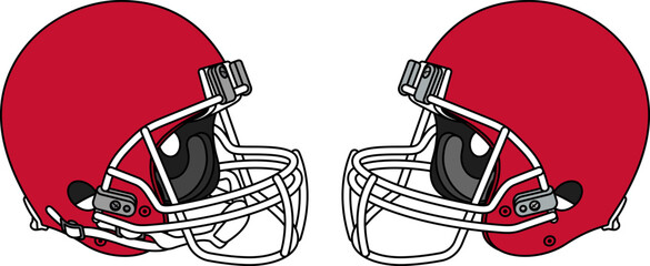 Red American football helmet with a white facemask. Helmets with and without a chin strap