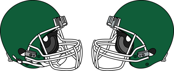 Green American football helmet with a white facemask. Helmets with and without a chin strap