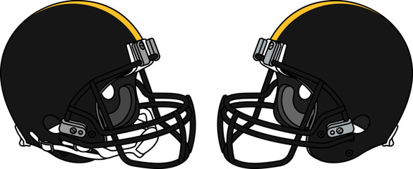 Black American football helmet with a black facemask. Helmets with and without a chin strap