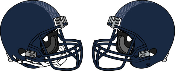 Navy blue American football helmet with a navy blue facemask. Helmets with and without a chin strap
