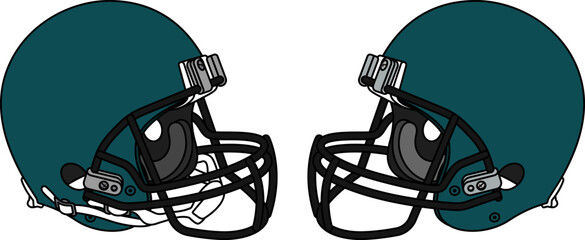 Midnight green American football helmet with a black facemask. Helmets with and without a chin strap
