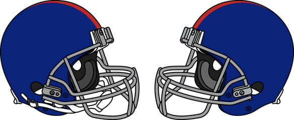Blue American football helmet with a gray facemask. Helmets with and without a chin strap