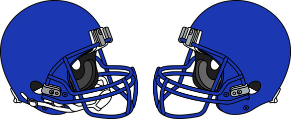 Blue American football helmet with a blue facemask. Helmets with and without a chin strap