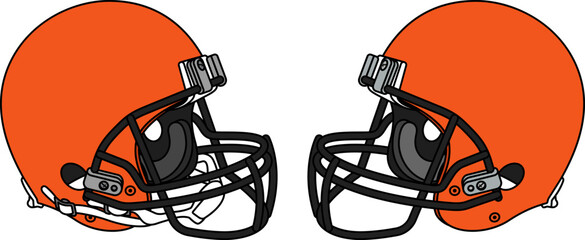 Orange American football helmet with a black facemask. Helmets with and without a chin strap