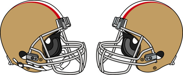 Golden American football helmet with a white facemask. Helmets with and without a chin strap