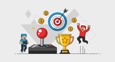 Cartoon illustration depicting gaming, arcade culture, and achievement of goals
