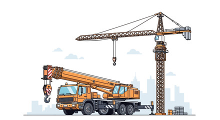 Detailed illustration showcasing heavy crane machinery at a construction site with an urban backdrop