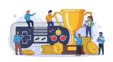 Illustration of gamers celebrating victory with trophy and coins on gaming controller