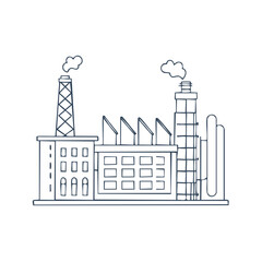 Hand drawn industrial factory building with smoking chimneys vector line art icon