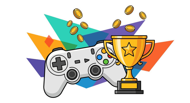 Illustrated depiction of victory in gaming with controller, trophy, and coins showering